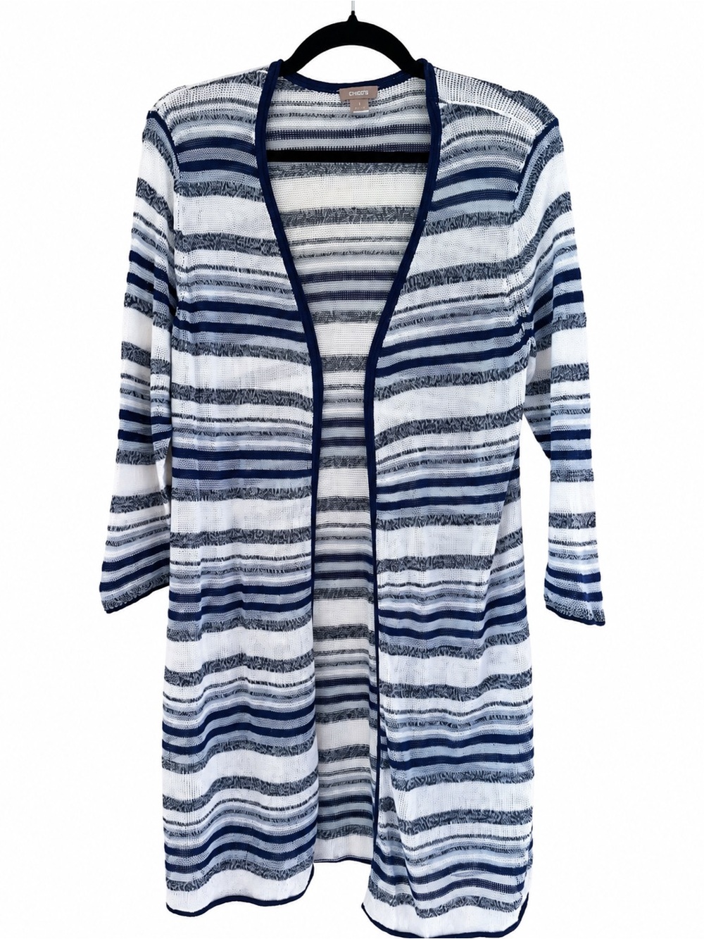 Chico’s Navy White Striped Open Front Duster Cardigan Lightweight Size 1 Medium